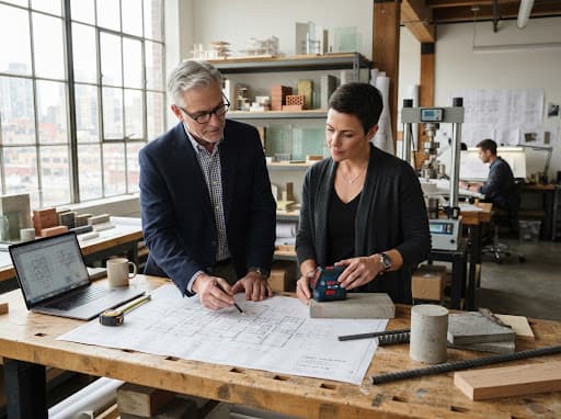 Senior structural engineer and architect inspecting blueprints in lab